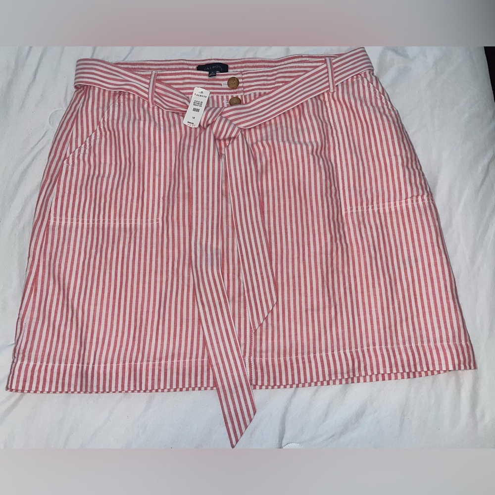 NWT Talbots Pink and White A-Line Mini Skirt with Tie Front